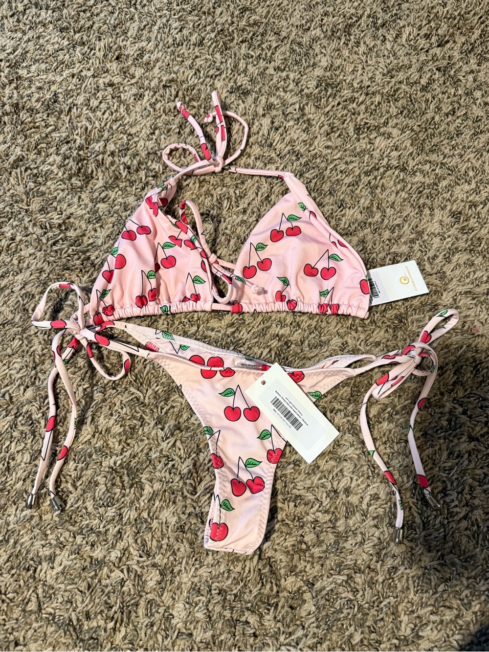Cherry-Print Pink Triangle Tie-Side Bikini